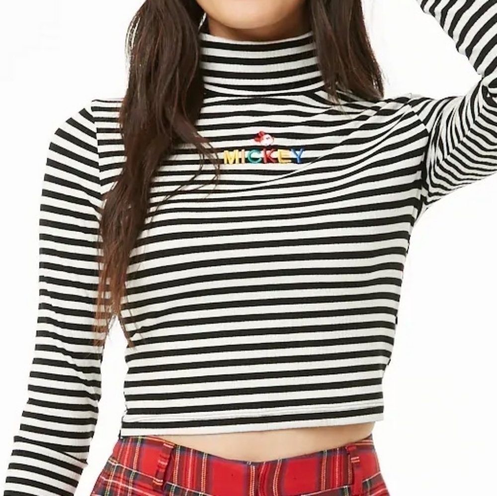 DISNEY X FOREVER 21  Mickey Mouse Striped Turtle Neck Crop Top 